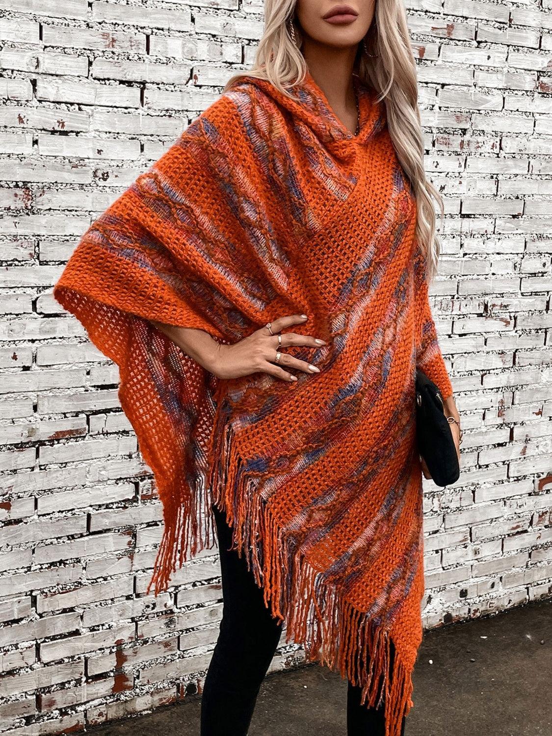 Fringe Contrast Hooded Poncho - Bona Fide Fashion