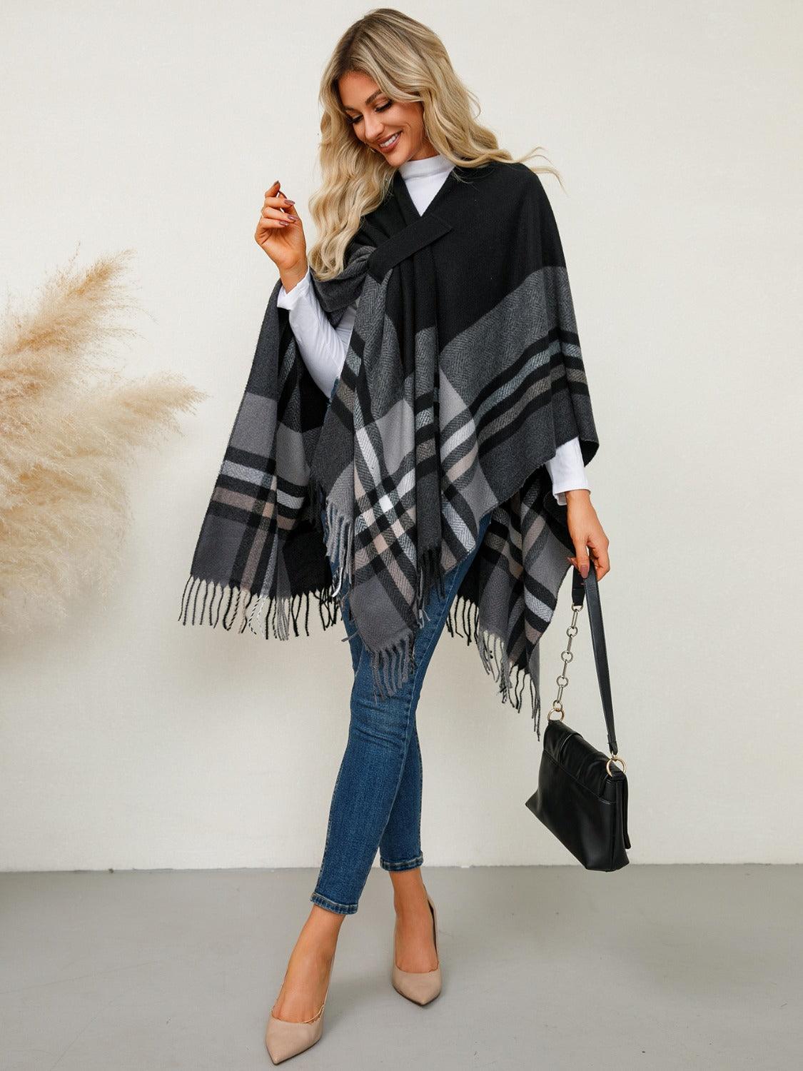 Fringe Contrast Plaid Poncho - Bona Fide Fashion