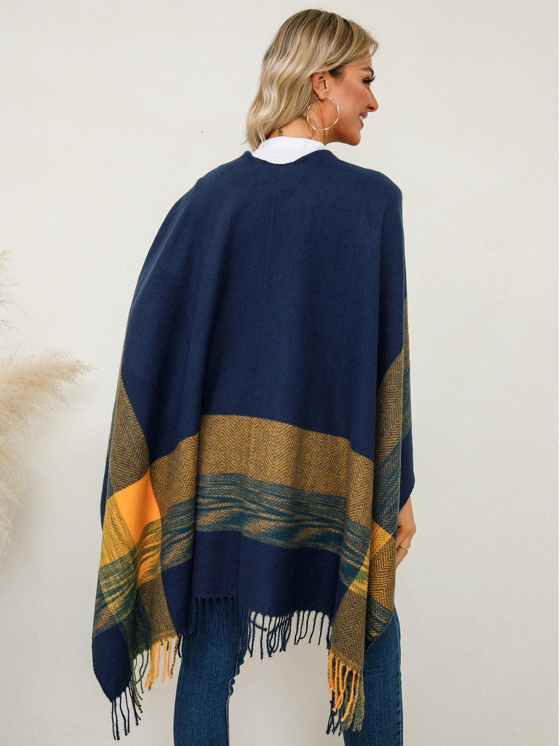 Fringe Contrast Plaid Poncho - Bona Fide Fashion