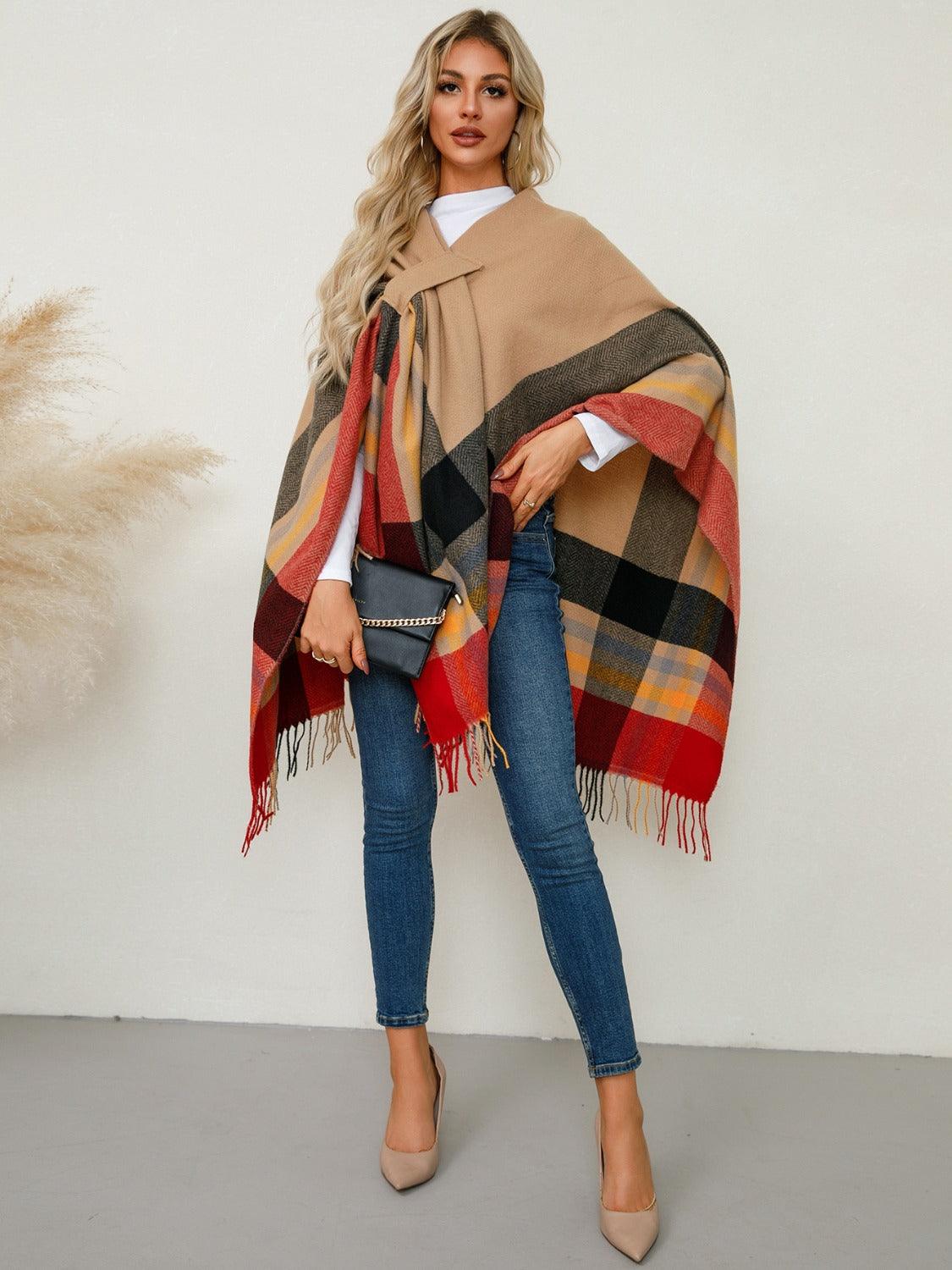 Fringe Contrast Plaid Poncho - Bona Fide Fashion