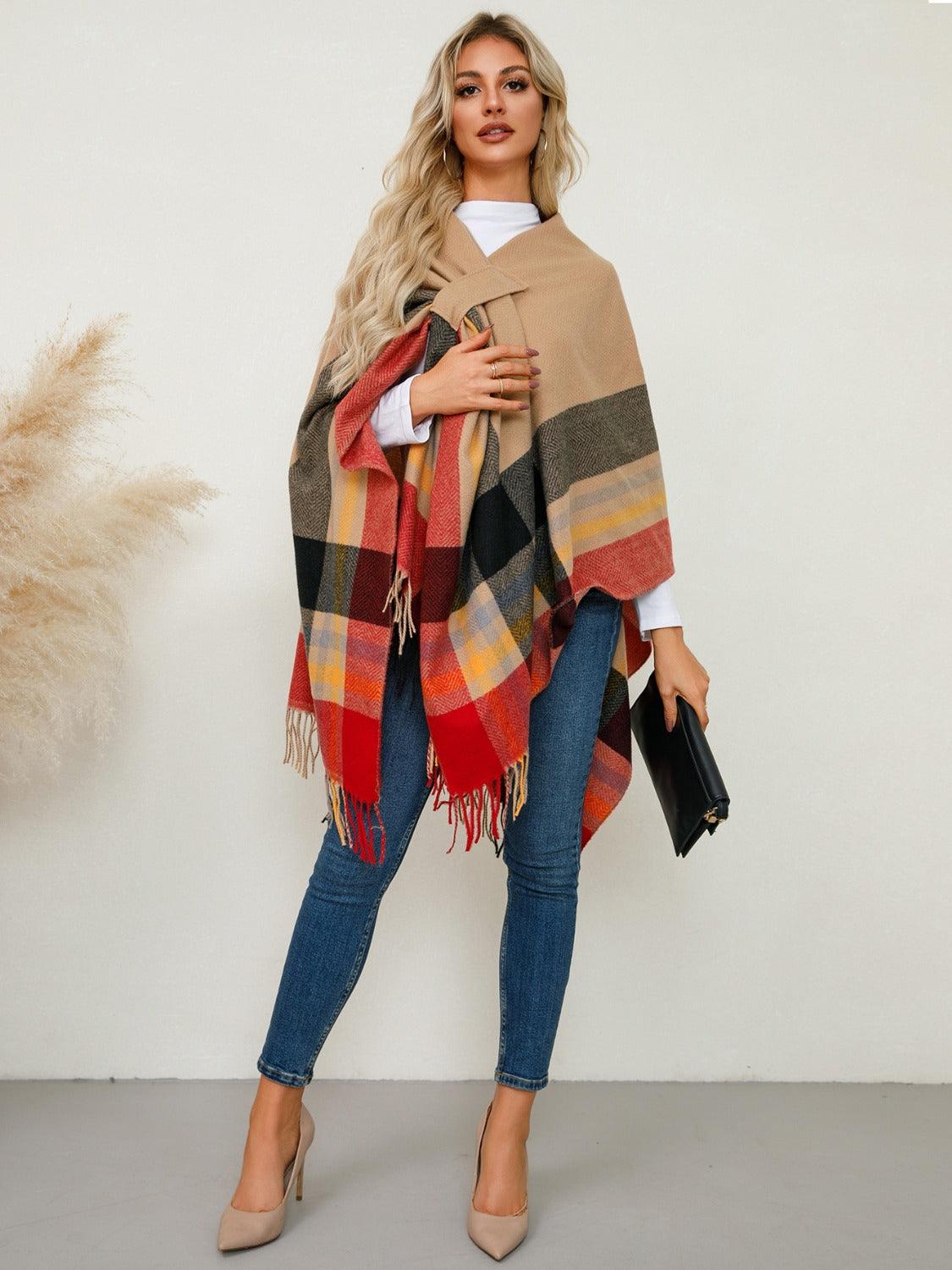 Fringe Contrast Plaid Poncho - Bona Fide Fashion