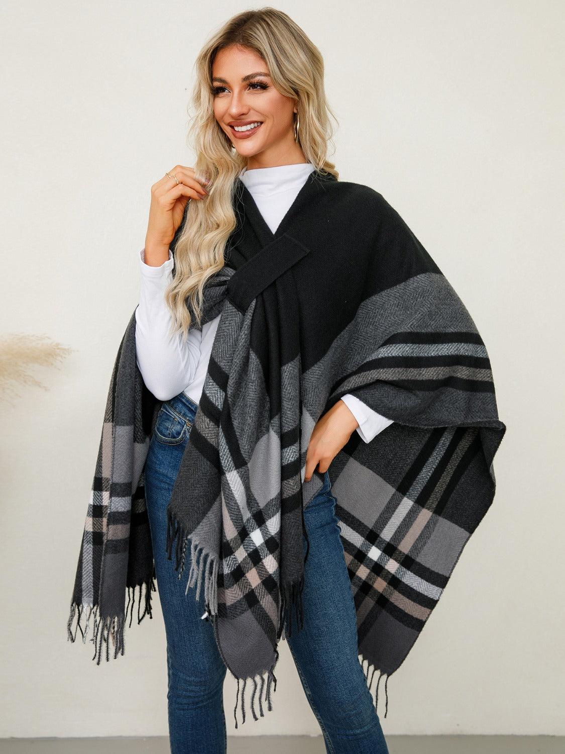 Fringe Contrast Plaid Poncho - Bona Fide Fashion