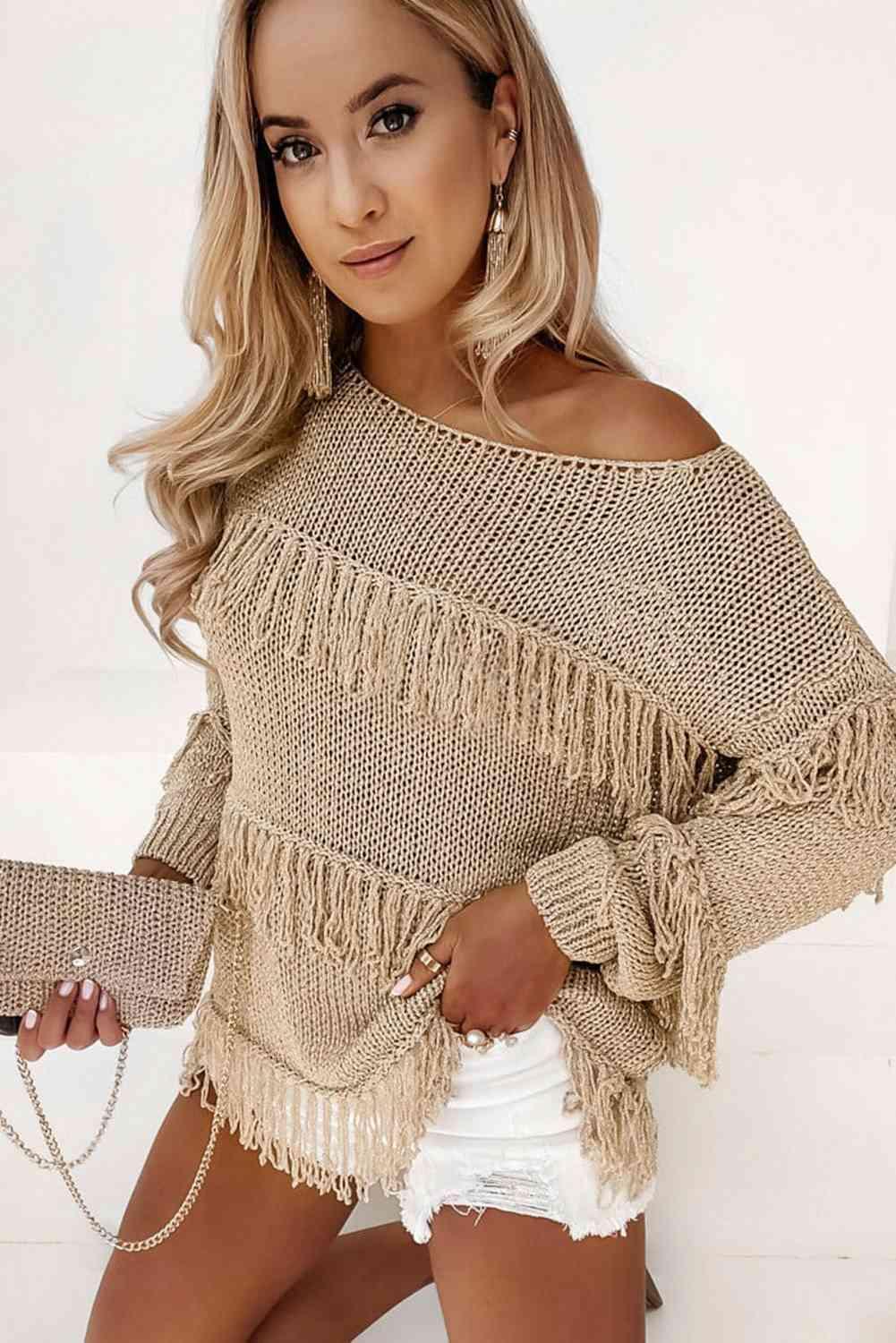 Fringe Detail Long Sleeve Sweater - Bona Fide Fashion