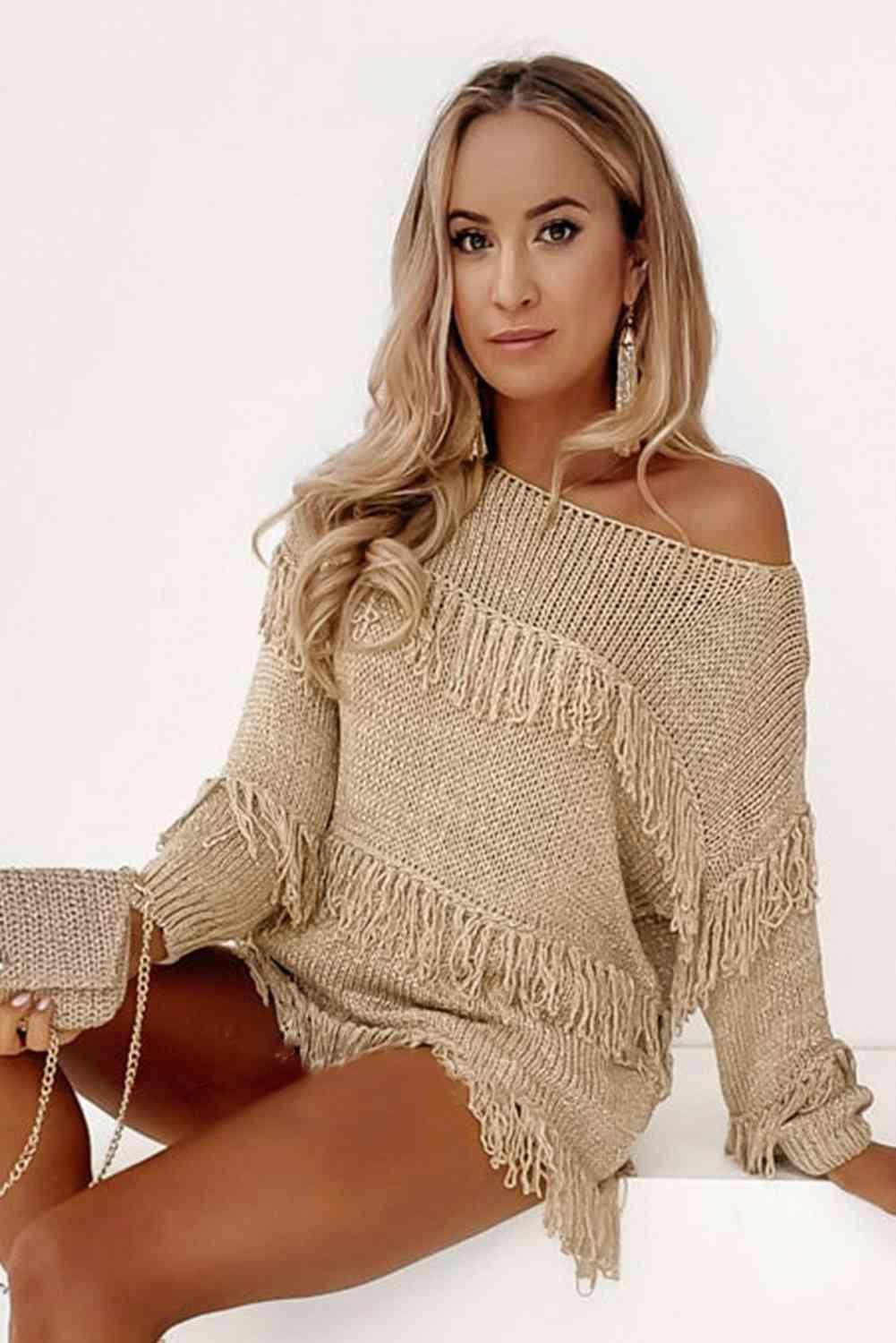 Fringe Detail Long Sleeve Sweater - Bona Fide Fashion