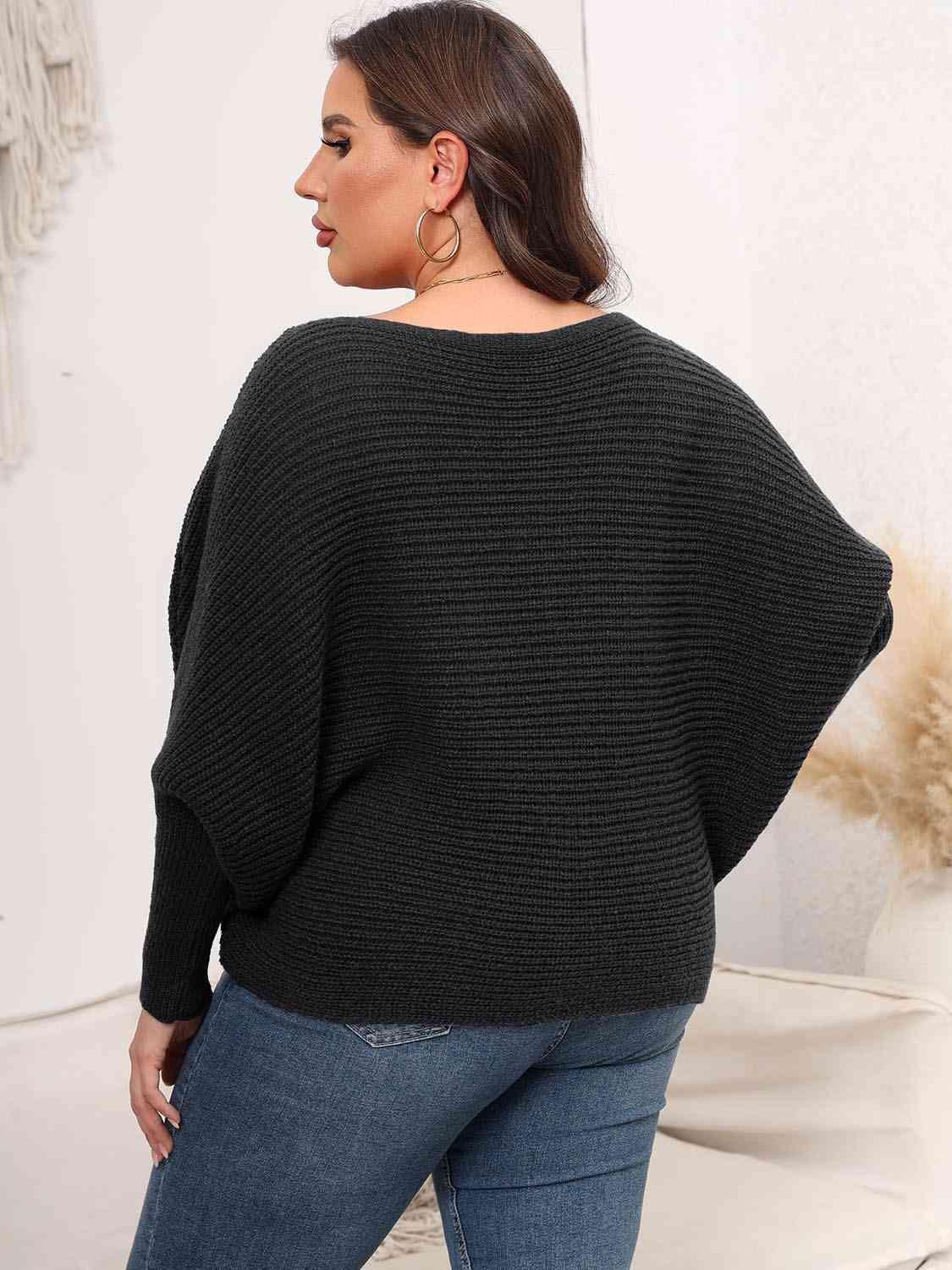 Full Size Boat Neck Batwing Sleeve Sweater - Bona Fide Fashion