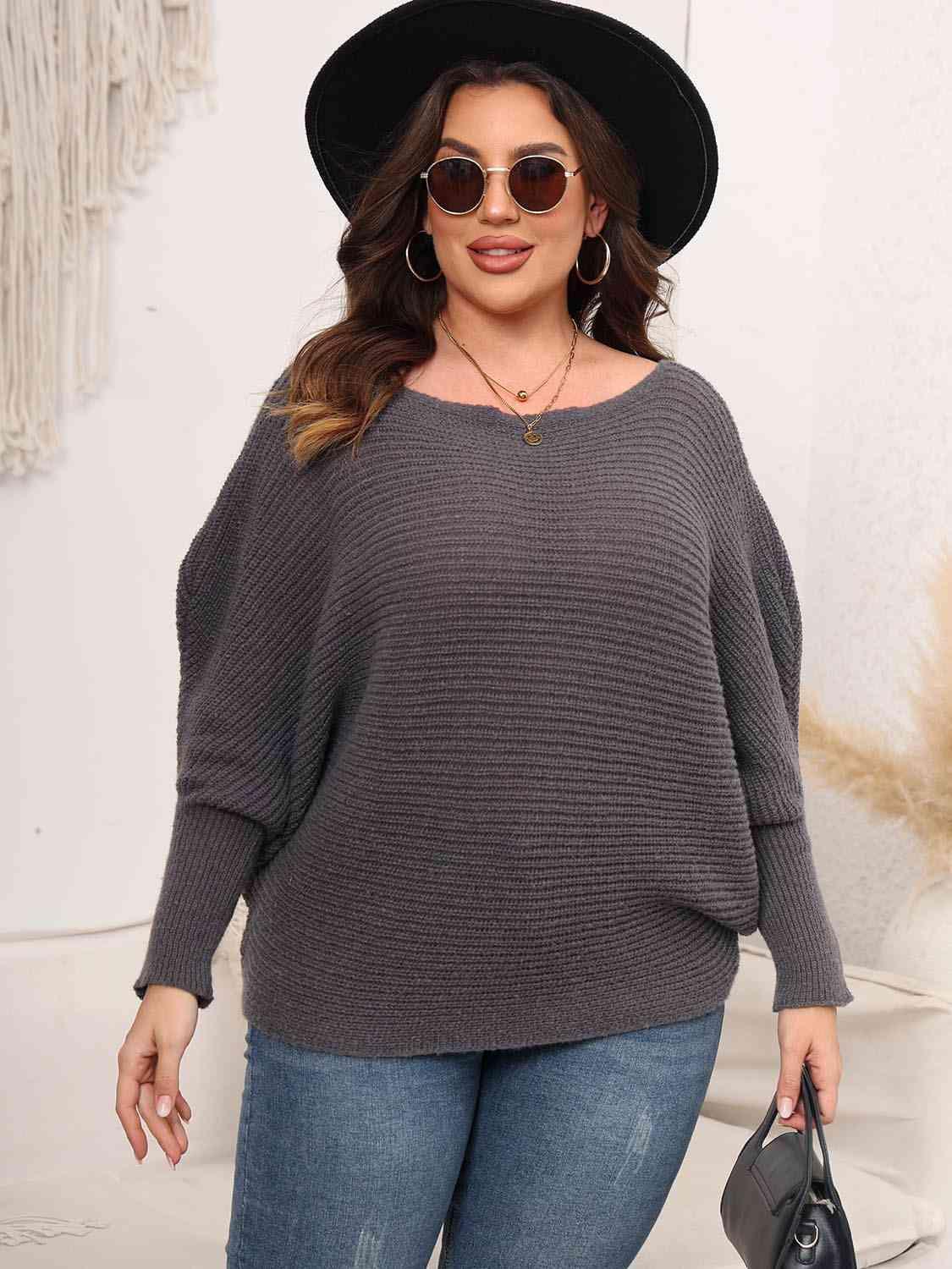 Full Size Boat Neck Batwing Sleeve Sweater - Bona Fide Fashion