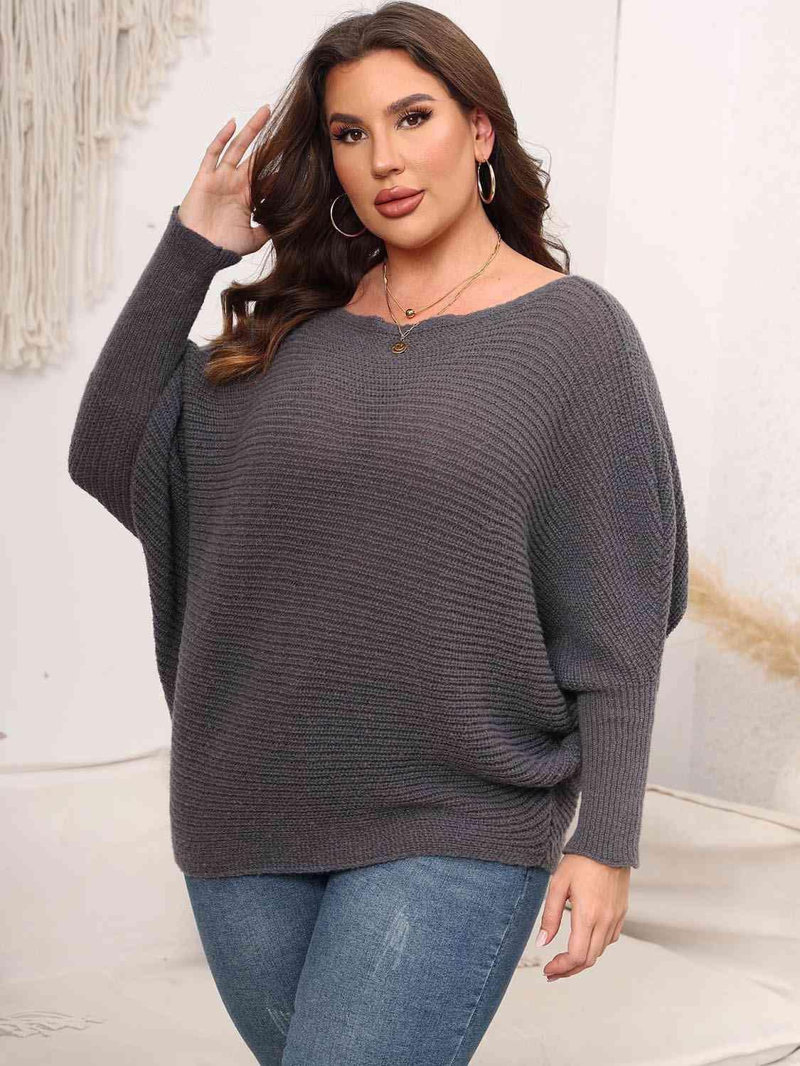 Full Size Boat Neck Batwing Sleeve Sweater - Bona Fide Fashion