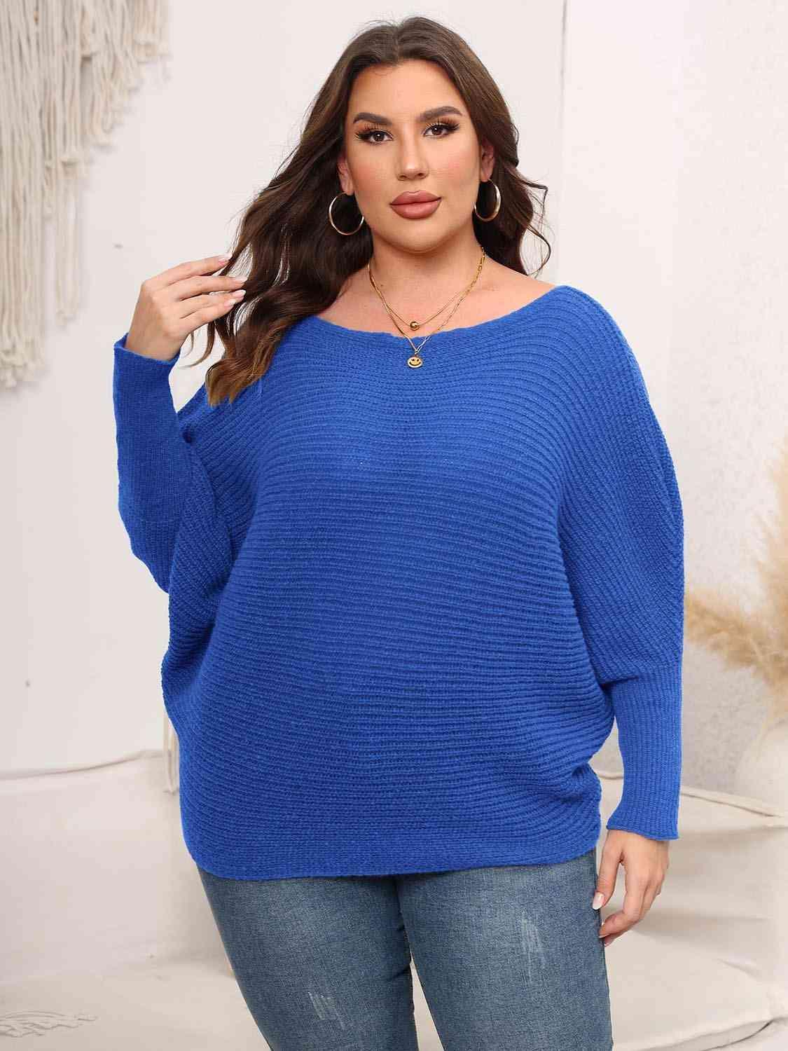 Full Size Boat Neck Batwing Sleeve Sweater - Bona Fide Fashion