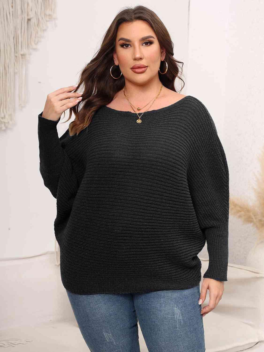 Full Size Boat Neck Batwing Sleeve Sweater - Bona Fide Fashion