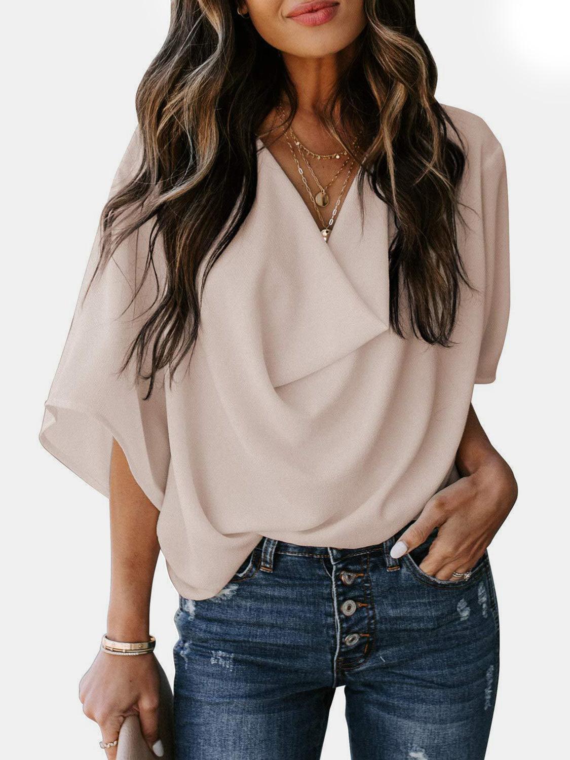 Full Size Cowl Neck Three-Quarter Sleeve Blouse - Bona Fide Fashion