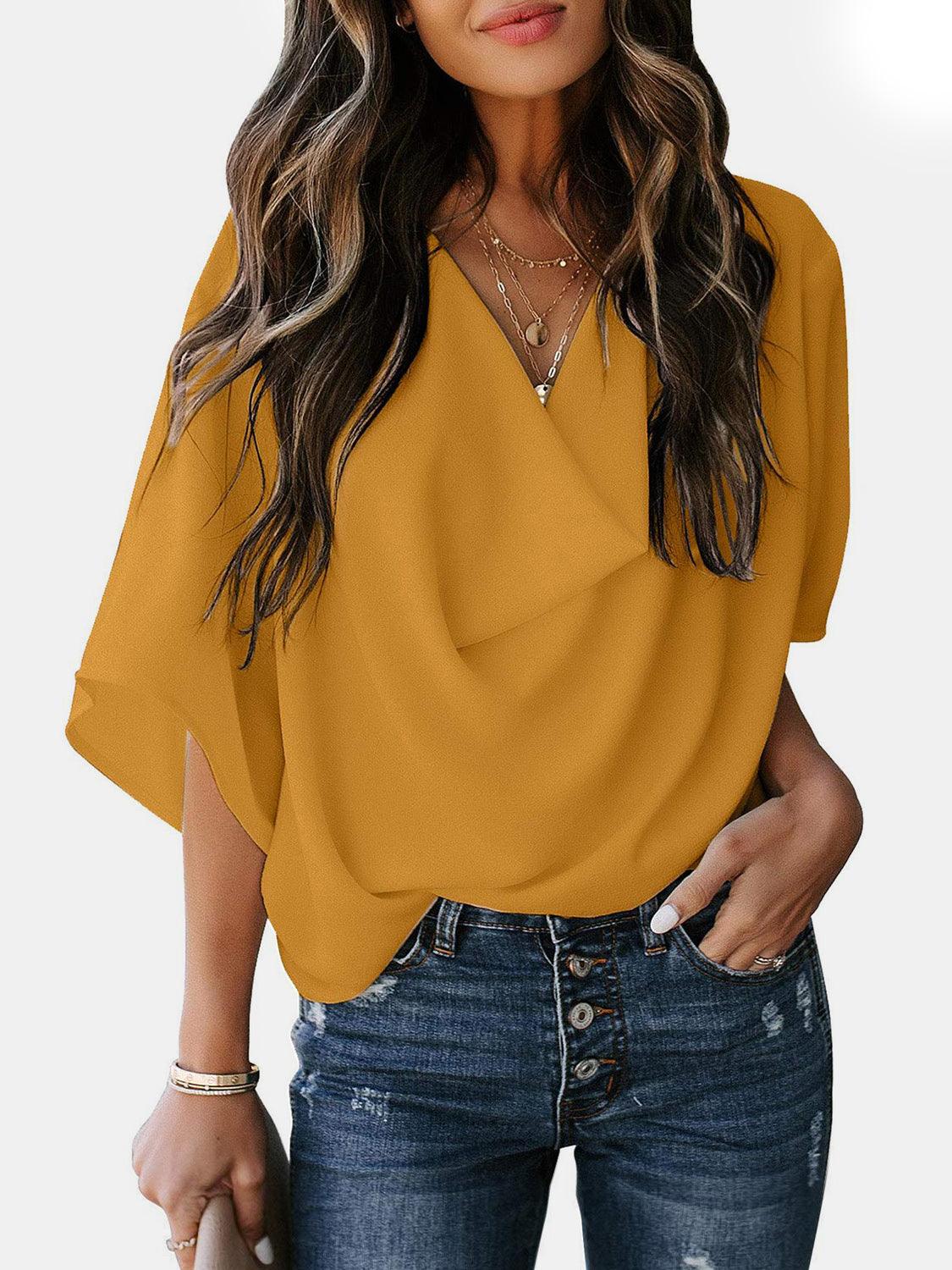 Full Size Cowl Neck Three-Quarter Sleeve Blouse - Bona Fide Fashion