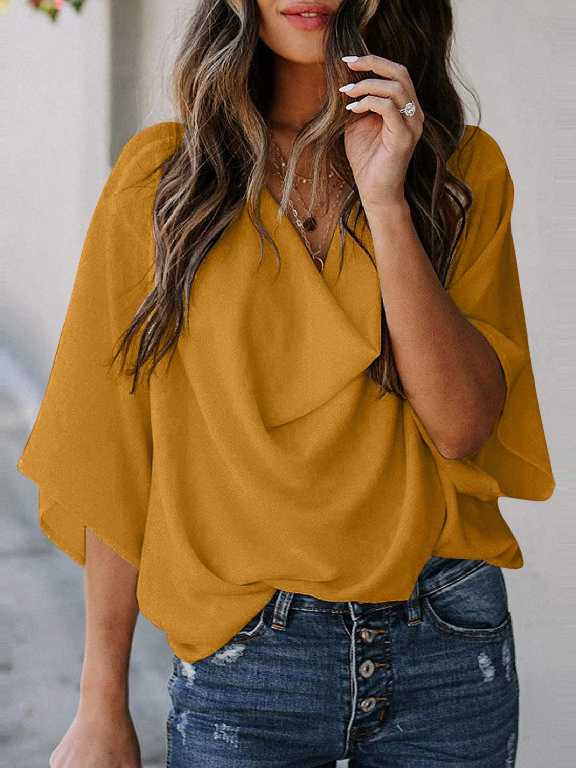 Full Size Cowl Neck Three-Quarter Sleeve Blouse - Bona Fide Fashion