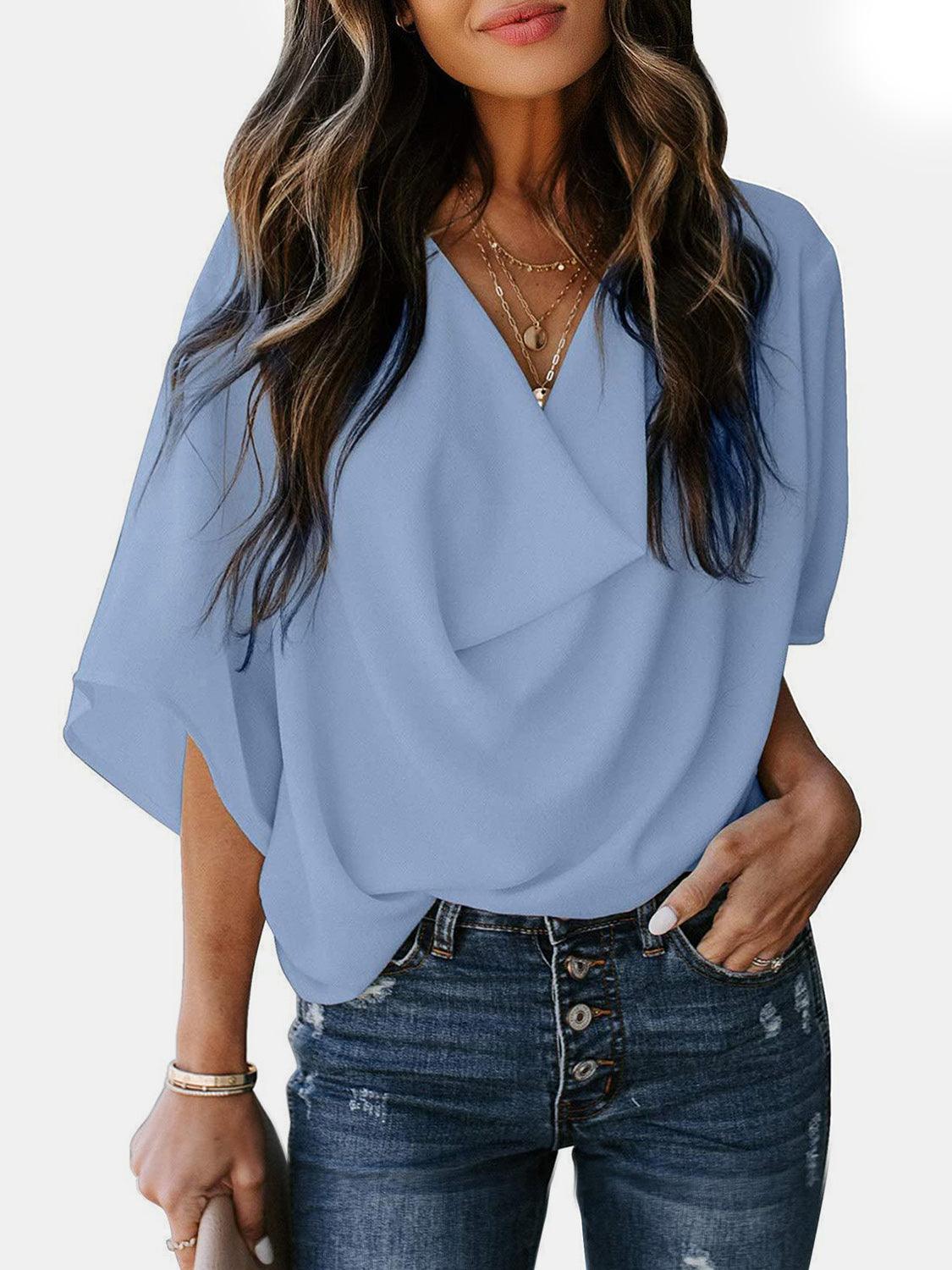 Full Size Cowl Neck Three-Quarter Sleeve Blouse - Bona Fide Fashion