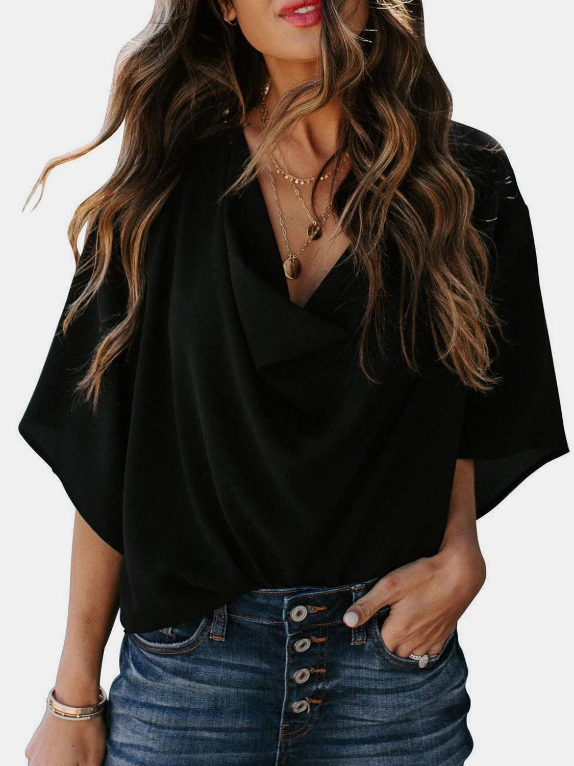 Full Size Cowl Neck Three-Quarter Sleeve Blouse - Bona Fide Fashion