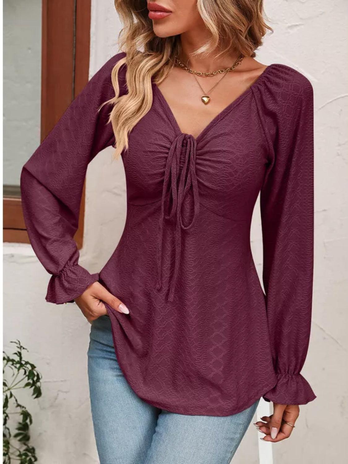 Full Size Drawstring Ruffled V-Neck Long Sleeve Blouse - Bona Fide Fashion