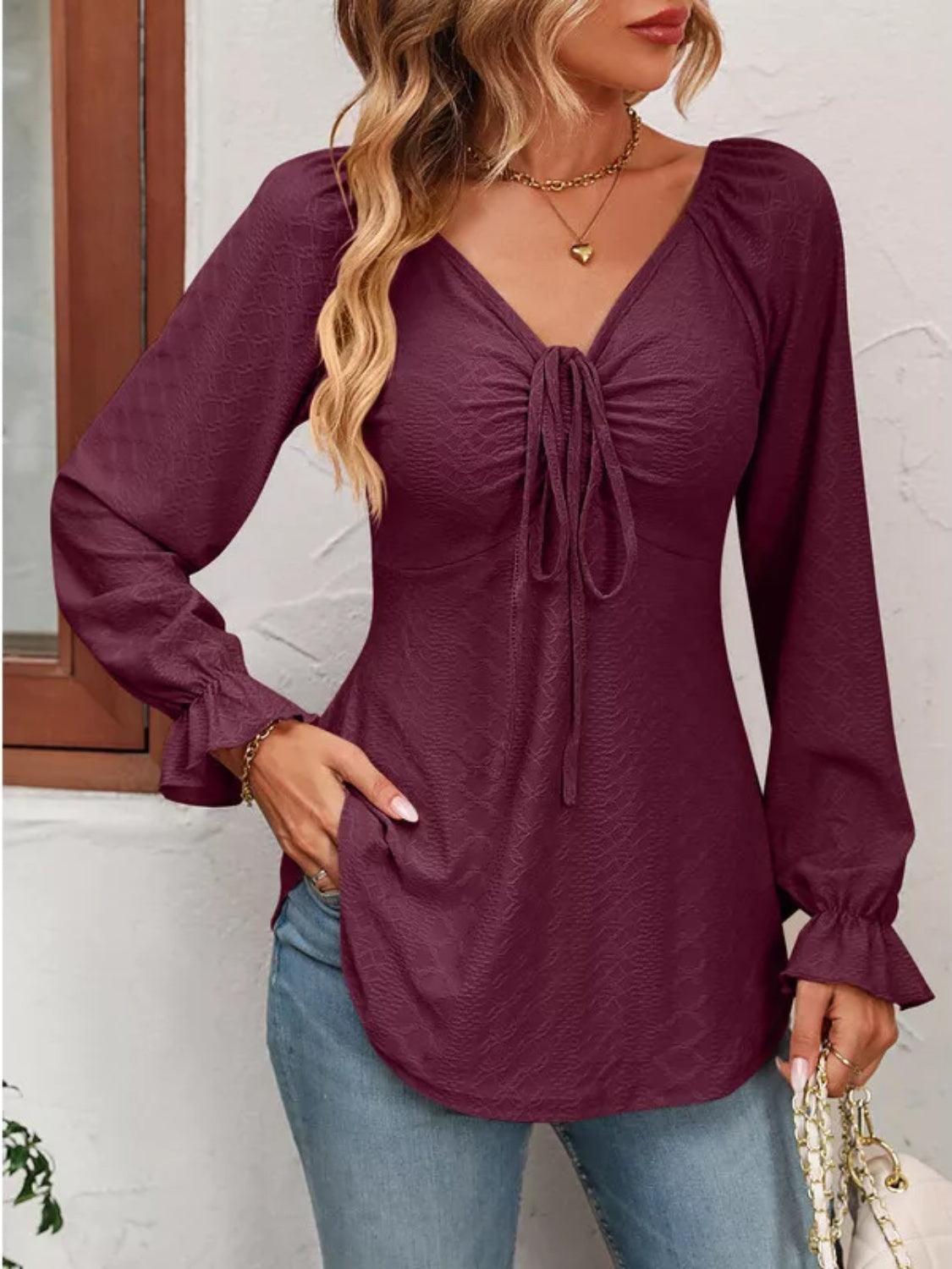 Full Size Drawstring Ruffled V-Neck Long Sleeve Blouse - Bona Fide Fashion