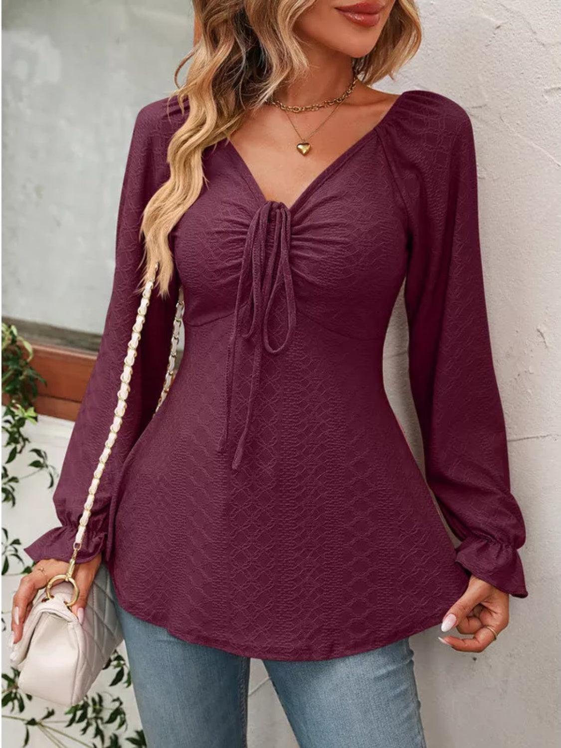 Full Size Drawstring Ruffled V-Neck Long Sleeve Blouse - Bona Fide Fashion