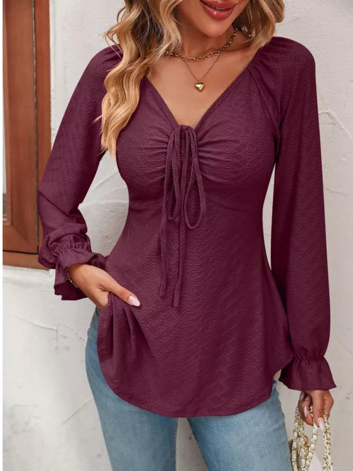 Full Size Drawstring Ruffled V-Neck Long Sleeve Blouse - Bona Fide Fashion