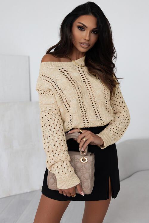 Full Size Openwork Cable-Knit Round Neck Knit Top - Bona Fide Fashion