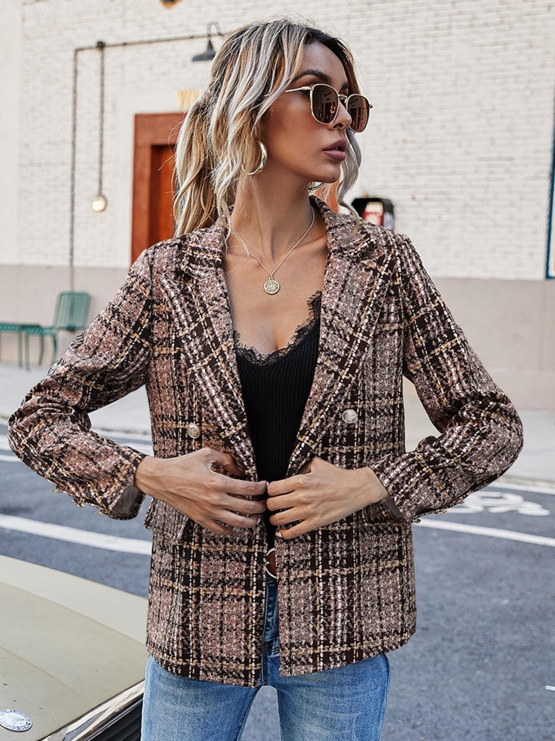 Full Size Plaid Lapel Collar Blazer - Bona Fide Fashion