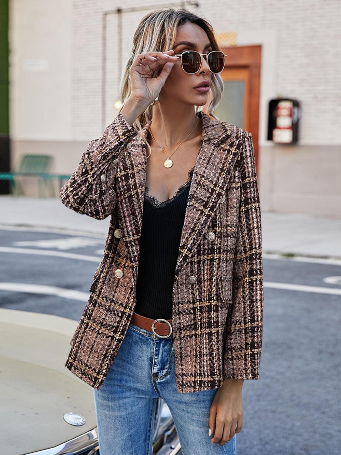 Full Size Plaid Lapel Collar Blazer - Bona Fide Fashion