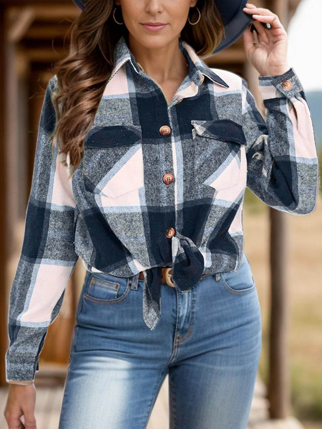 Full Size Pocketed Plaid Collared Neck Shacket - Bona Fide Fashion