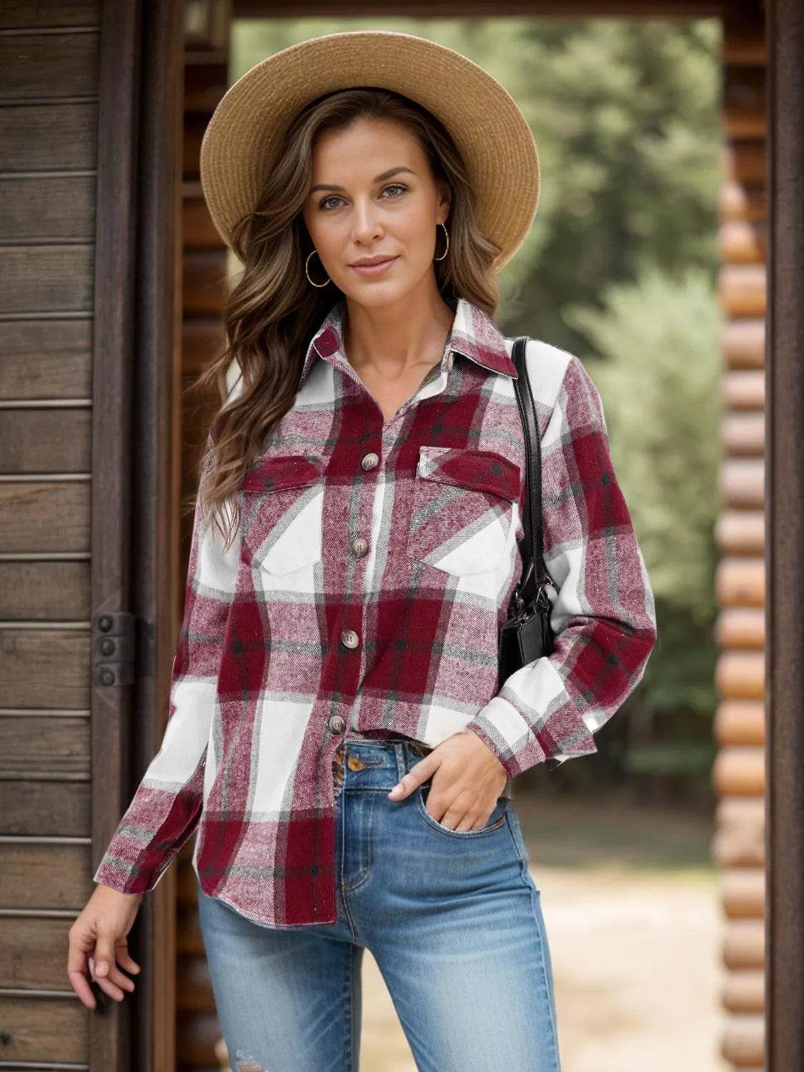 Full Size Pocketed Plaid Collared Neck Shacket - Bona Fide Fashion