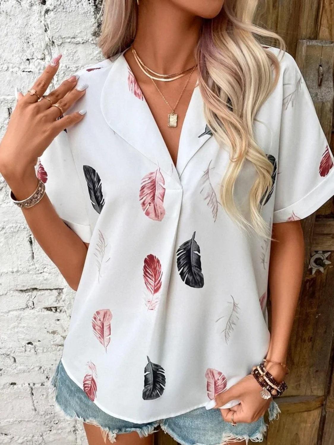 Full Size Printed Collared Neck Short Sleeve Blouse - Bona Fide Fashion