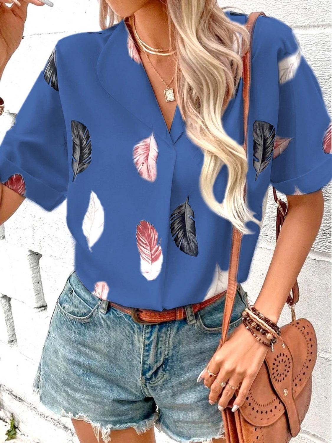 Full Size Printed Collared Neck Short Sleeve Blouse - Bona Fide Fashion