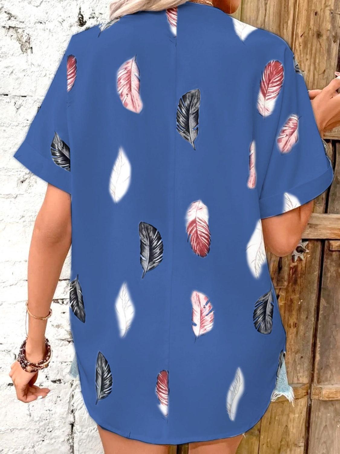 Full Size Printed Collared Neck Short Sleeve Blouse - Bona Fide Fashion