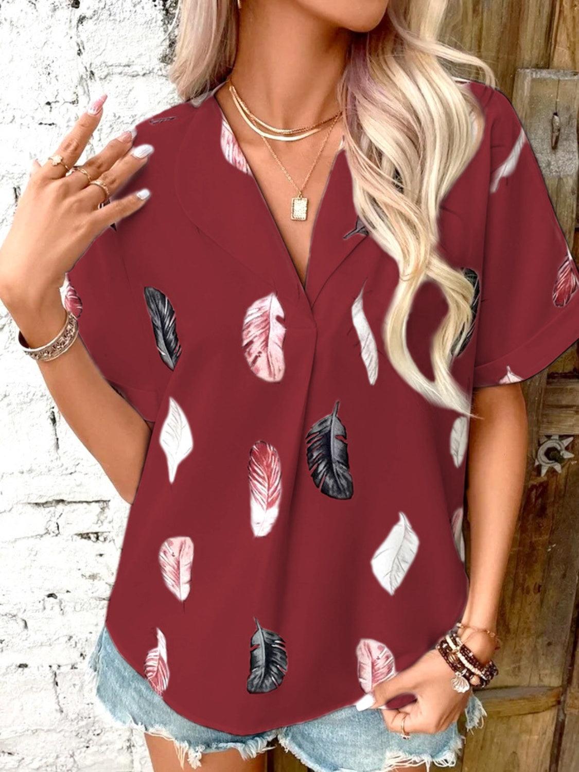 Full Size Printed Collared Neck Short Sleeve Blouse - Bona Fide Fashion