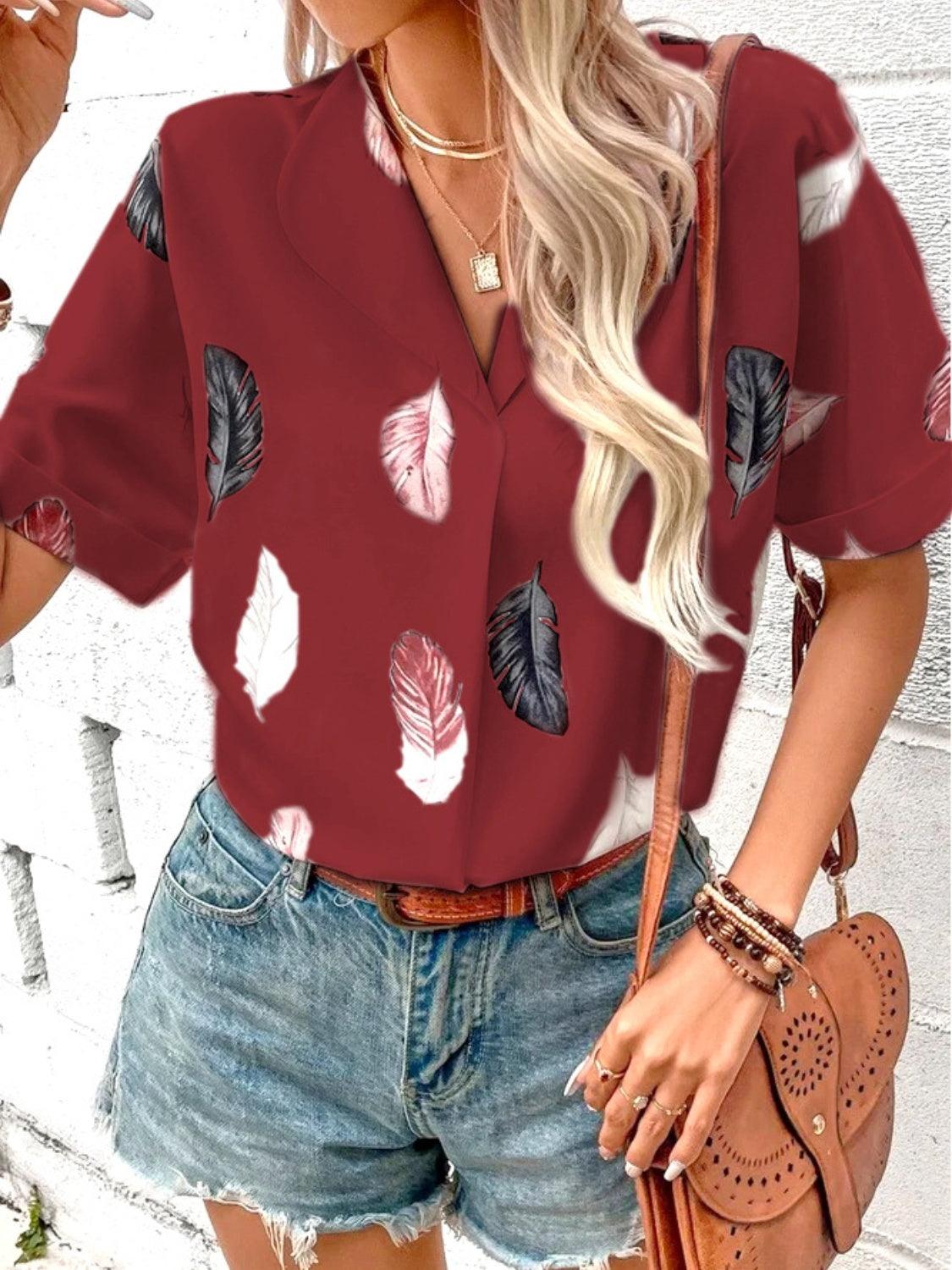 Full Size Printed Collared Neck Short Sleeve Blouse - Bona Fide Fashion