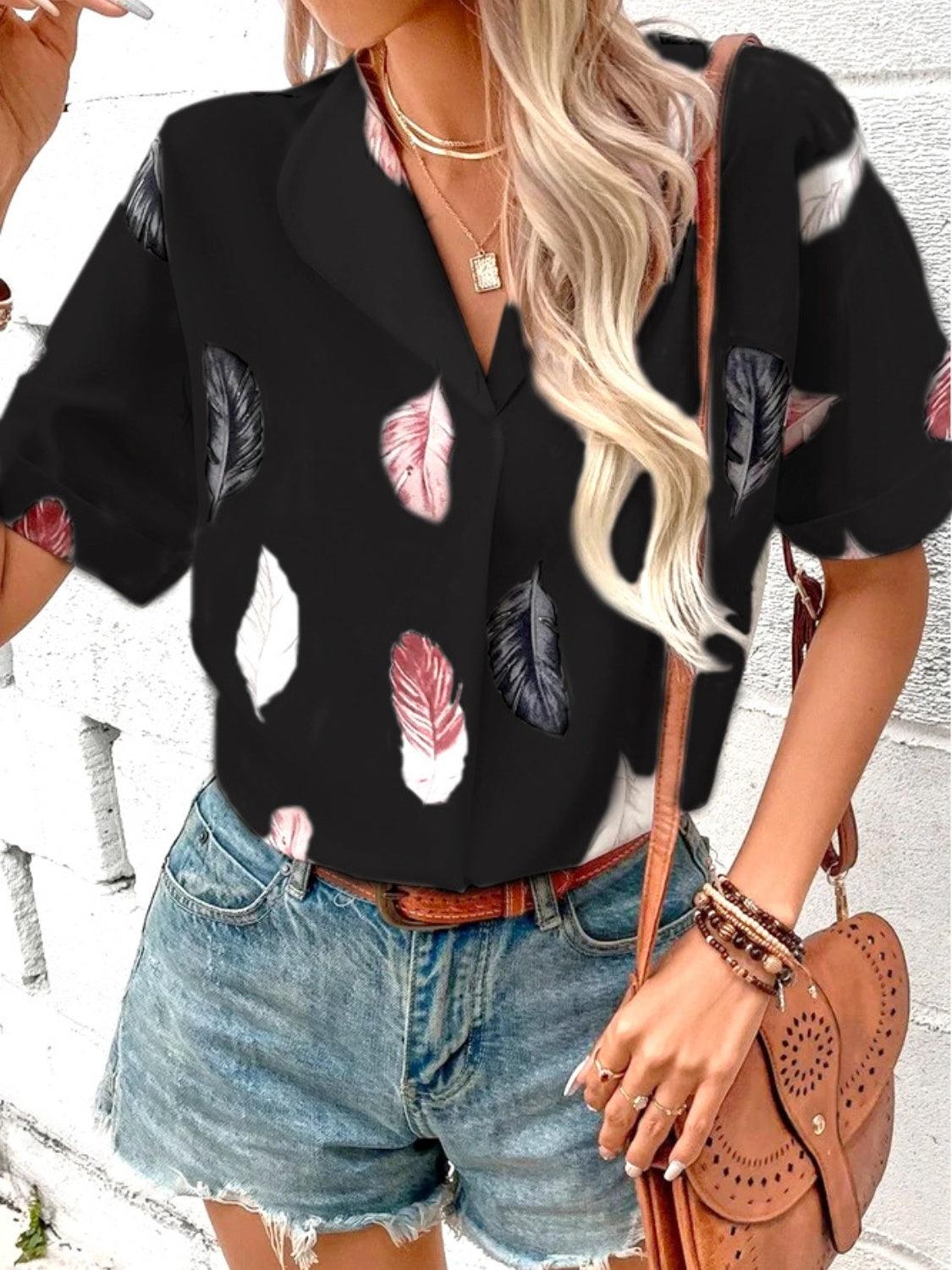 Full Size Printed Collared Neck Short Sleeve Blouse - Bona Fide Fashion