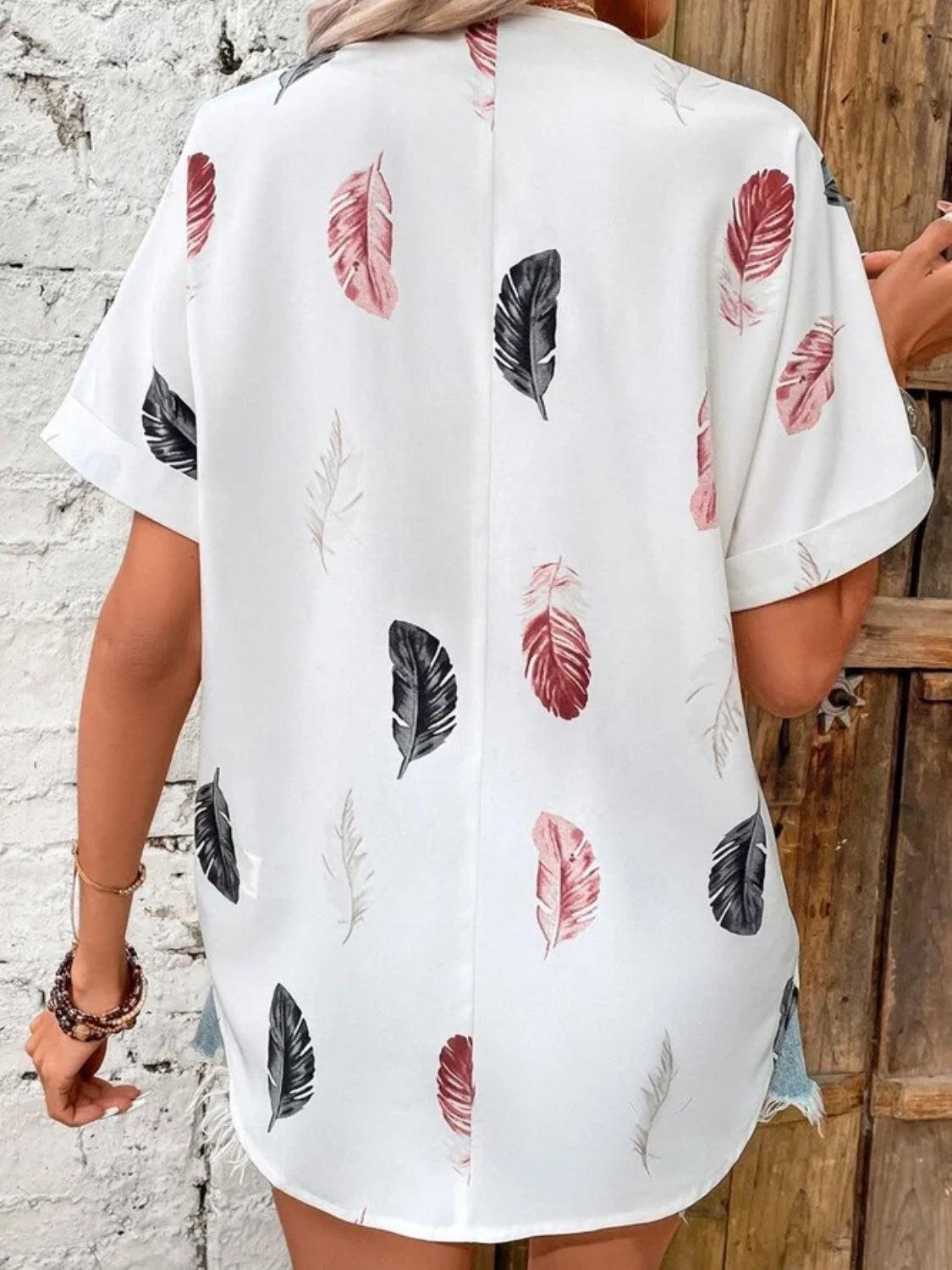 Full Size Printed Collared Neck Short Sleeve Blouse - Bona Fide Fashion