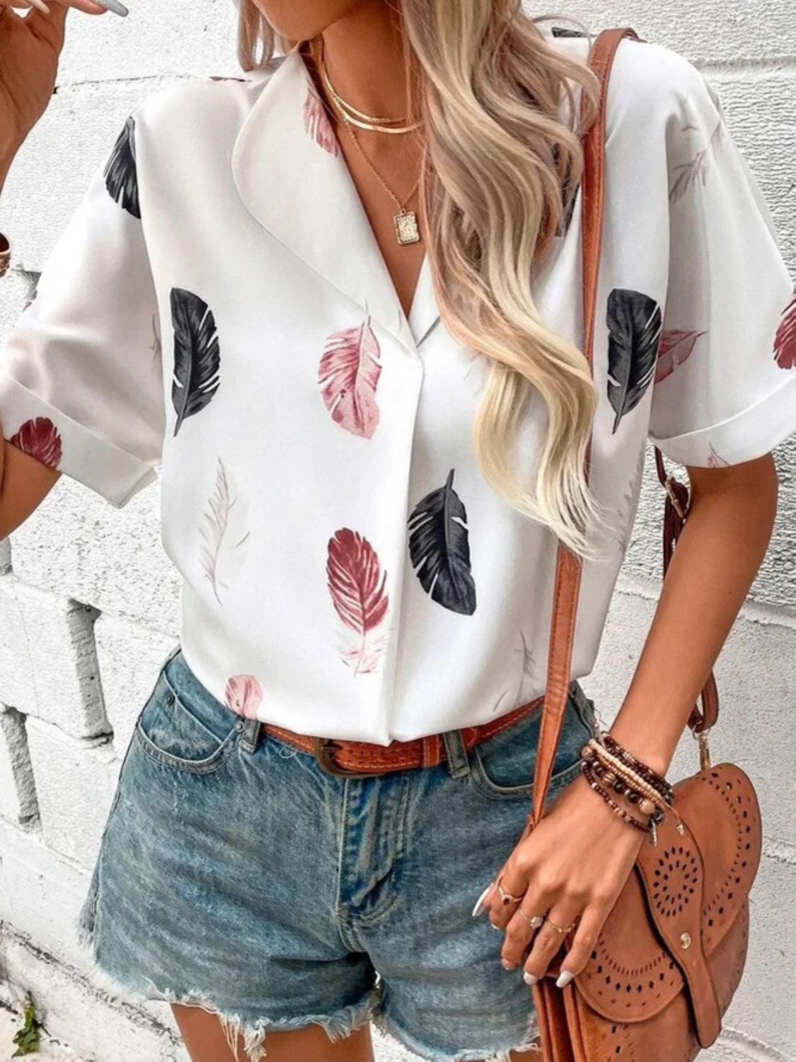 Full Size Printed Collared Neck Short Sleeve Blouse - Bona Fide Fashion