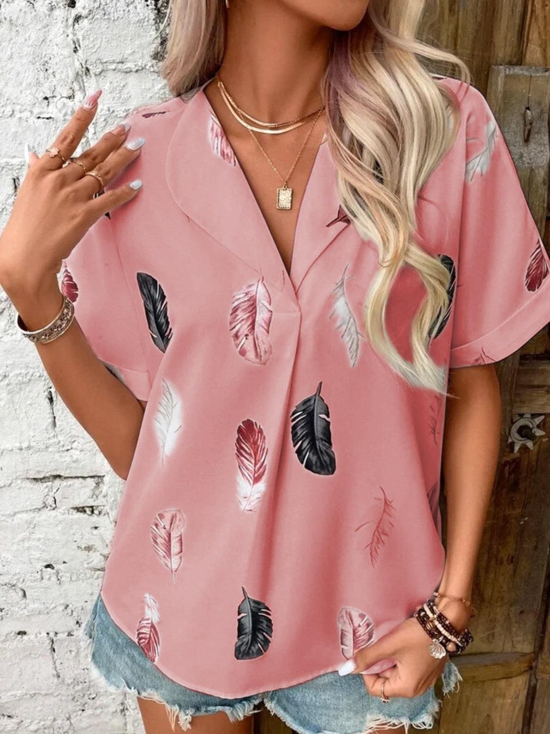 Full Size Printed Collared Neck Short Sleeve Blouse - Bona Fide Fashion