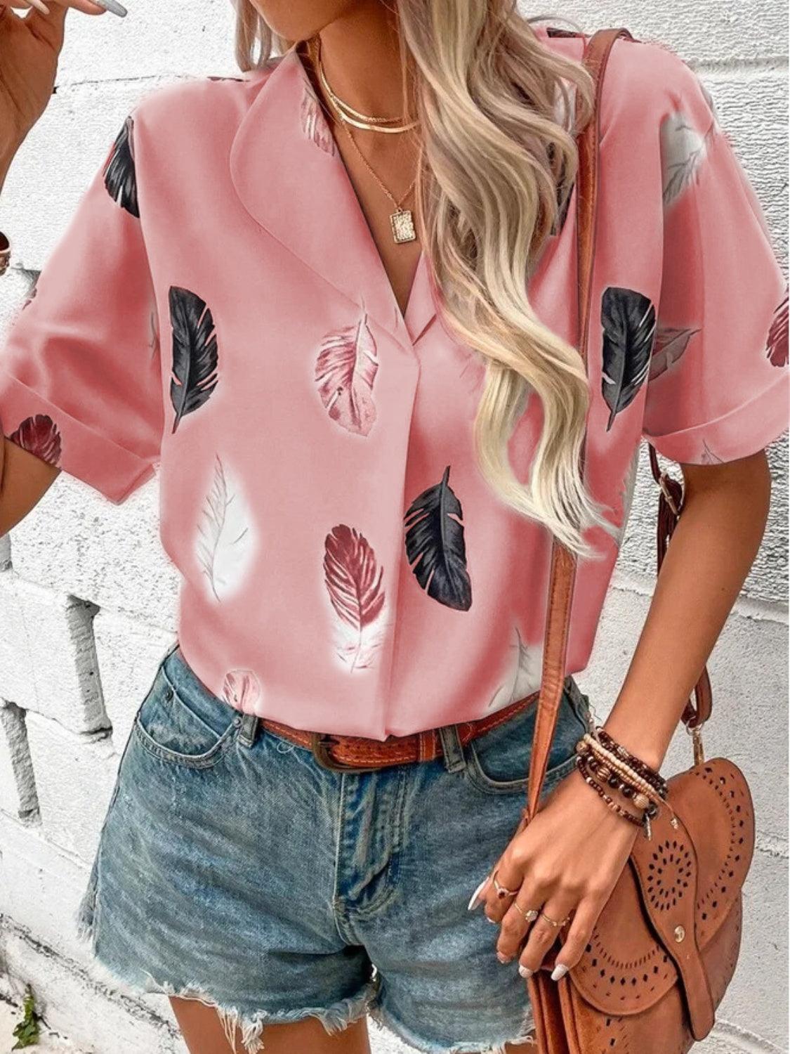 Full Size Printed Collared Neck Short Sleeve Blouse - Bona Fide Fashion