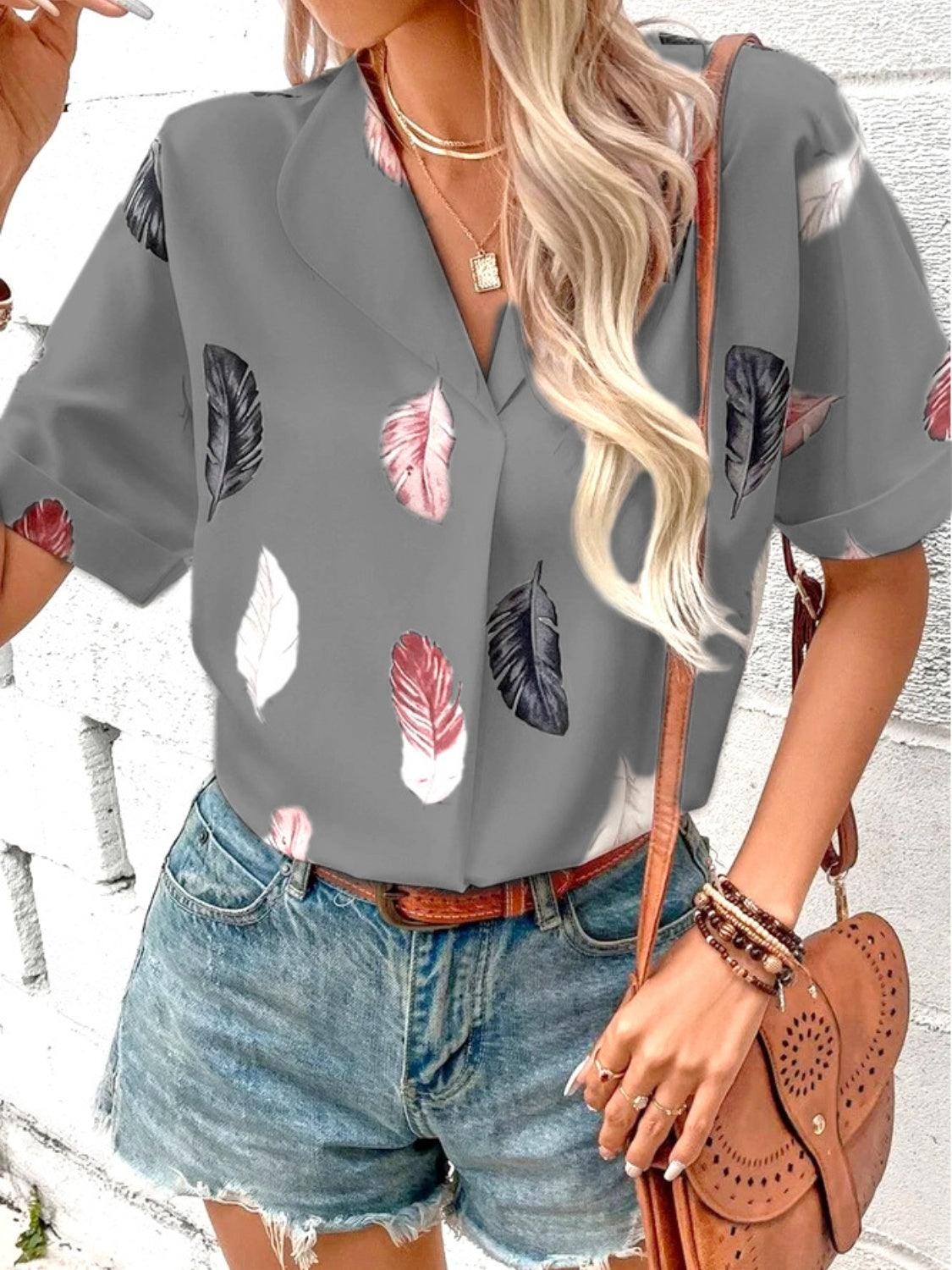 Full Size Printed Collared Neck Short Sleeve Blouse - Bona Fide Fashion