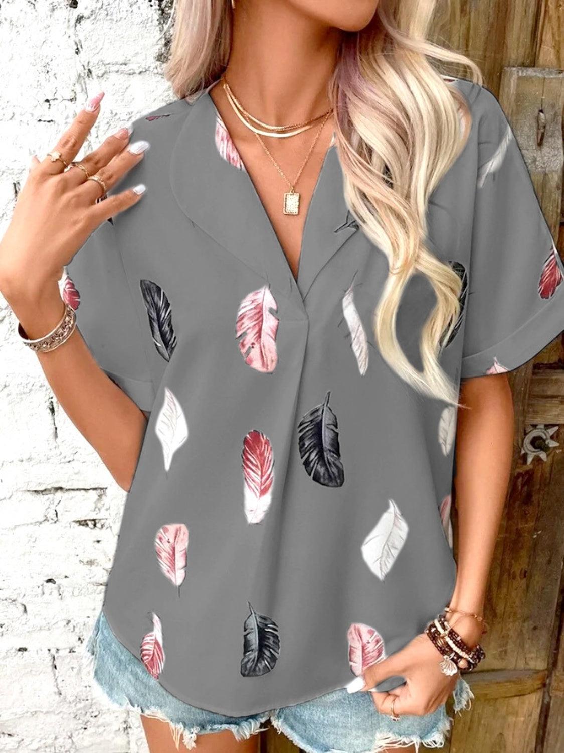 Full Size Printed Collared Neck Short Sleeve Blouse - Bona Fide Fashion