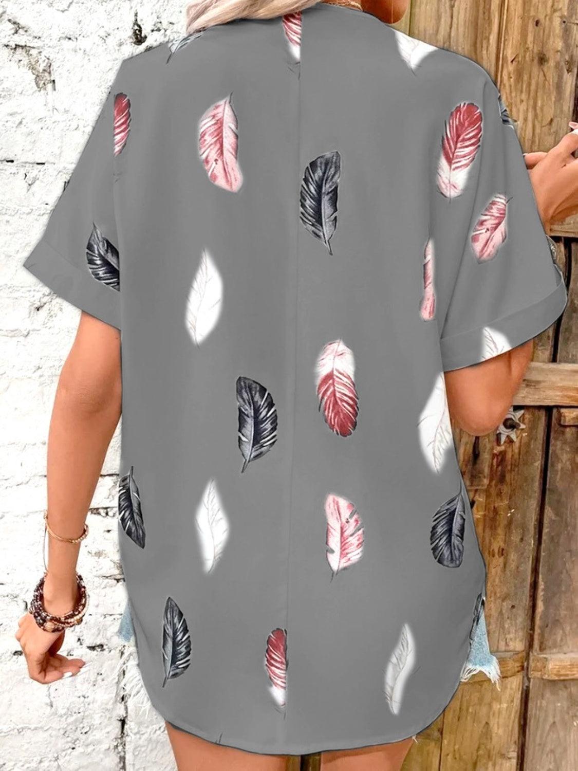 Full Size Printed Collared Neck Short Sleeve Blouse - Bona Fide Fashion