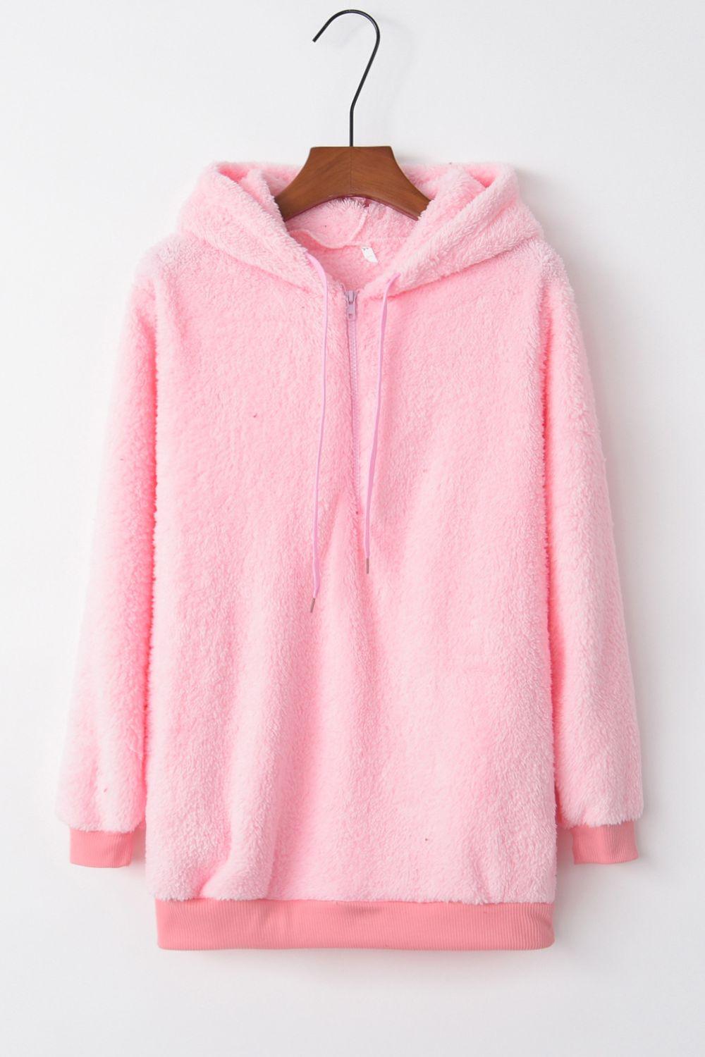 Full Size Quarter-Zip Drawstring Teddy Hoodie - Bona Fide Fashion