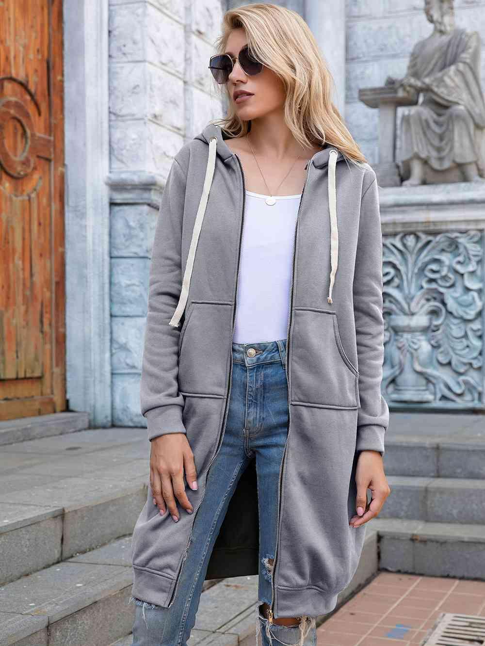 Bona Fide Fashion - Full Size Zip-Up Longline Hoodie with Pockets - Women Fashion - Bona Fide Fashion