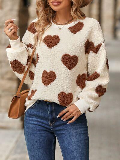 Fuzzy Heart Dropped Shoulder Sweatshirt - Bona Fide Fashion