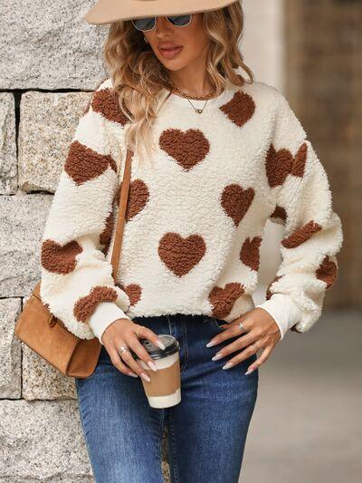 Fuzzy Heart Dropped Shoulder Sweatshirt - Bona Fide Fashion