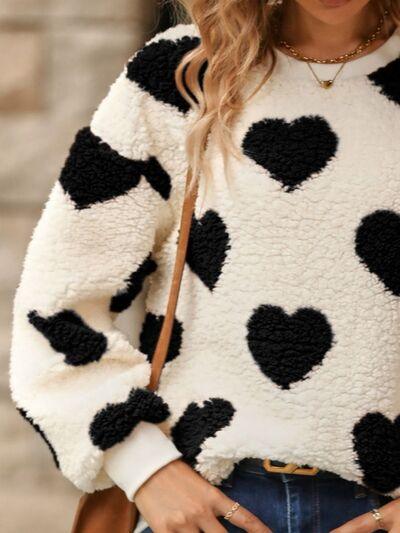 Fuzzy Heart Dropped Shoulder Sweatshirt - Bona Fide Fashion