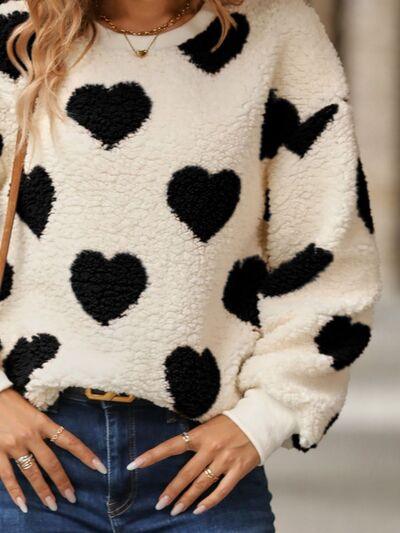 Fuzzy Heart Dropped Shoulder Sweatshirt - Bona Fide Fashion