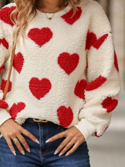 Fuzzy Heart Dropped Shoulder Sweatshirt - Bona Fide Fashion