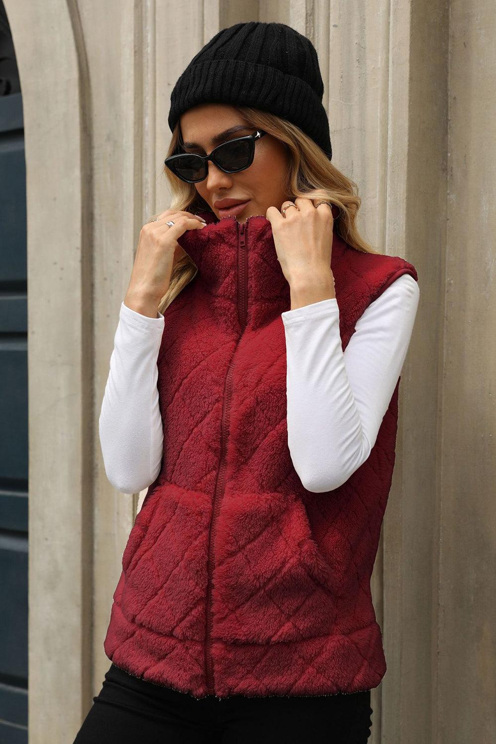 Fuzzy Plaid Texture Zip Up Vest Coat - Bona Fide Fashion