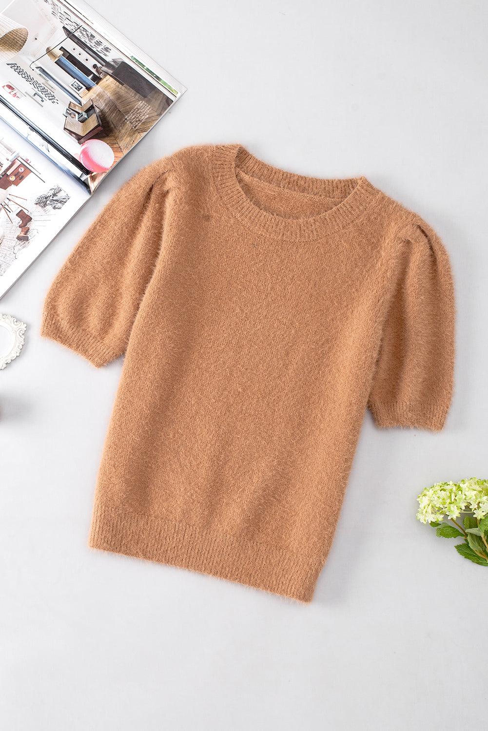 Fuzzy Round Neck Half Sleeve Sweater - Bona Fide Fashion