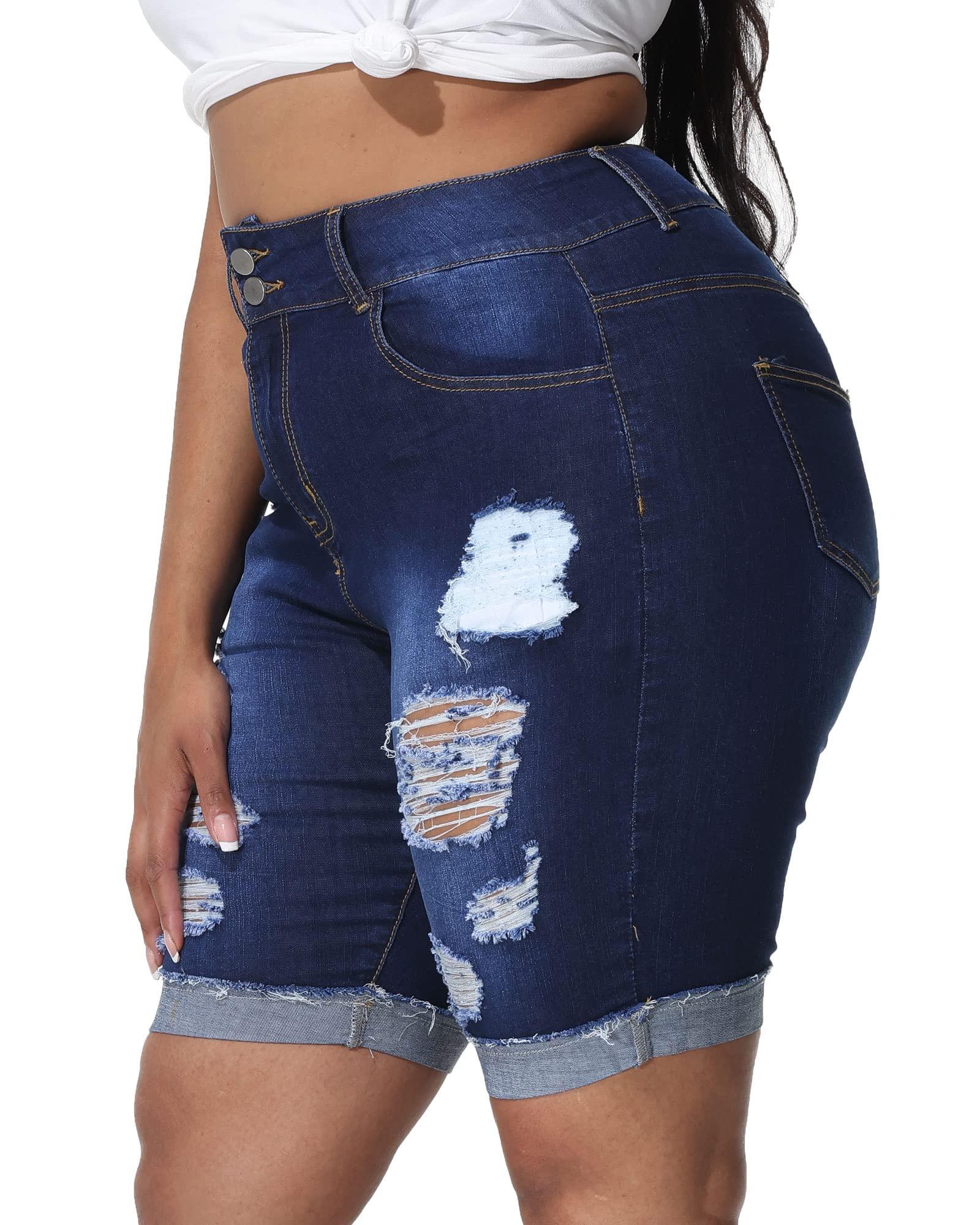 Gboomo Jean Shorts for Women Plus Size High Waisted Bermuda Denim Shorts Distressed Rolled Hem Short Jeans Dark Blue 20W - Bona Fide Fashion